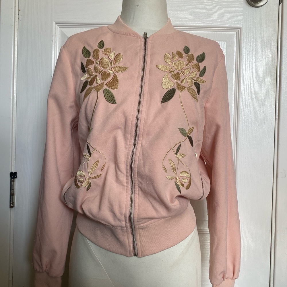Floral Embroidered Pink Bomber Jacket